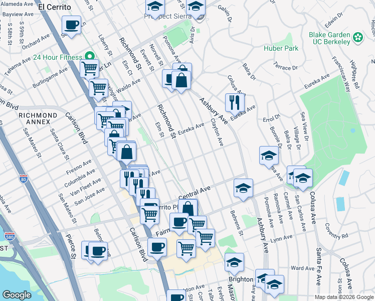map of restaurants, bars, coffee shops, grocery stores, and more near 617 Everett Street in El Cerrito
