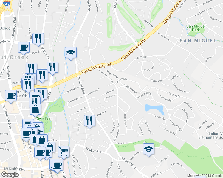 map of restaurants, bars, coffee shops, grocery stores, and more near 910 Jeffrey Lane in Walnut Creek