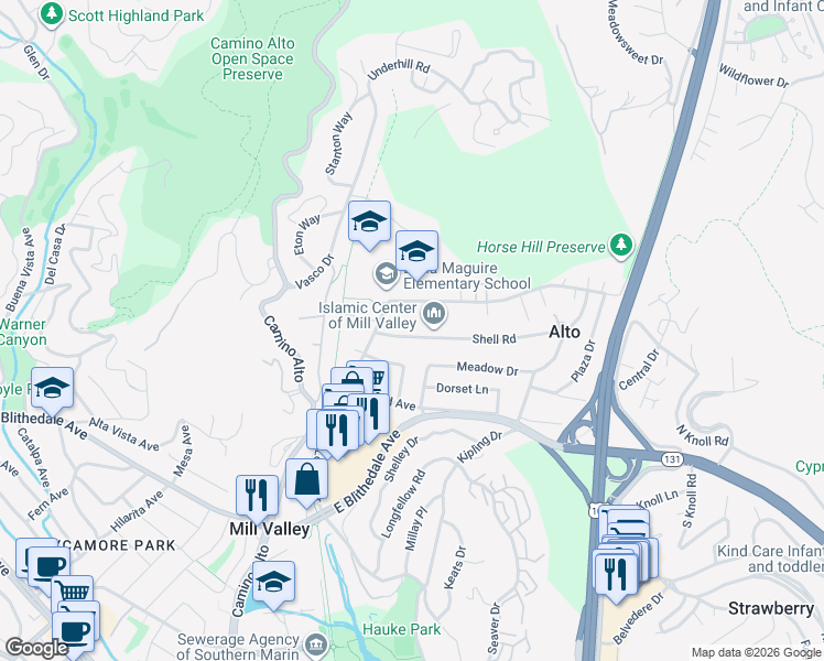 map of restaurants, bars, coffee shops, grocery stores, and more near 66 Shell Road in Mill Valley
