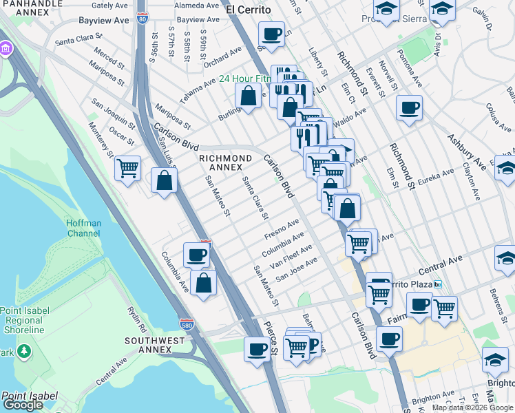 map of restaurants, bars, coffee shops, grocery stores, and more near 5801 Panama Avenue in Richmond