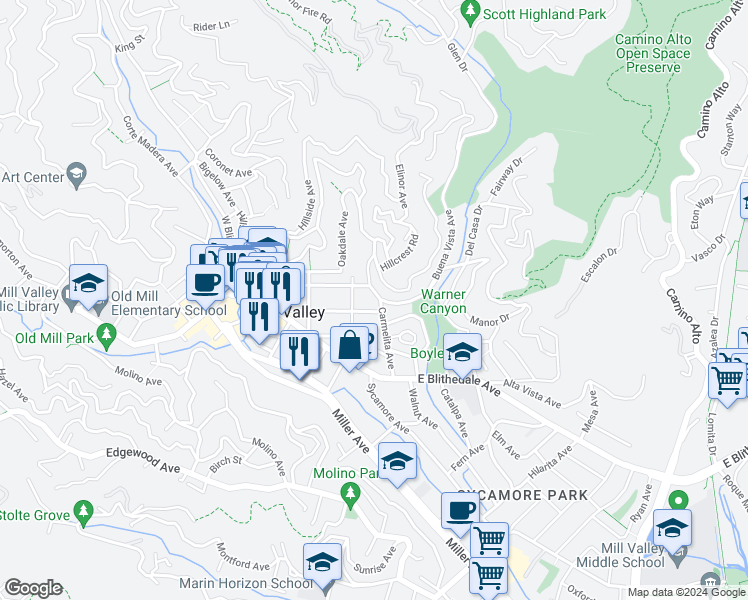 map of restaurants, bars, coffee shops, grocery stores, and more near 130 Buena Vista Avenue in Mill Valley
