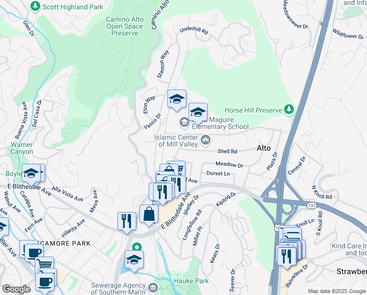 map of restaurants, bars, coffee shops, grocery stores, and more near 101 Lomita Drive in Mill Valley