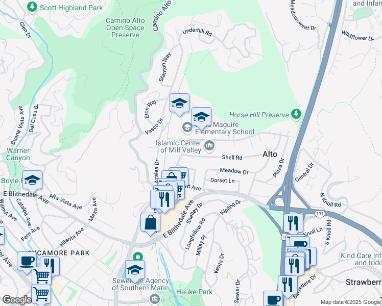 map of restaurants, bars, coffee shops, grocery stores, and more near 101 Lomita Drive in Mill Valley