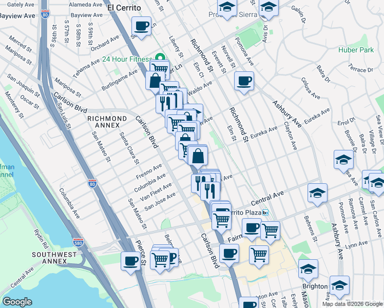 map of restaurants, bars, coffee shops, grocery stores, and more near 10300 San Pablo Avenue in El Cerrito