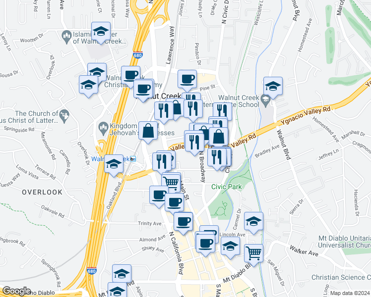 map of restaurants, bars, coffee shops, grocery stores, and more near 555 Ygnacio Valley Road in Walnut Creek