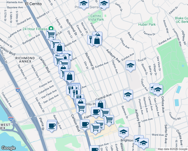 map of restaurants, bars, coffee shops, grocery stores, and more near 634 Elm Street in El Cerrito