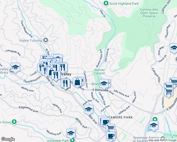 map of restaurants, bars, coffee shops, grocery stores, and more near 130 Buena Vista Avenue in Mill Valley