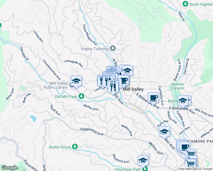 map of restaurants, bars, coffee shops, grocery stores, and more near 100 Throckmorton Avenue in Mill Valley
