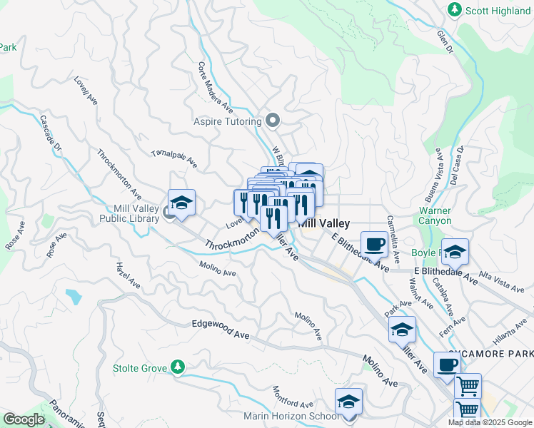 map of restaurants, bars, coffee shops, grocery stores, and more near 100 Throckmorton Avenue in Mill Valley