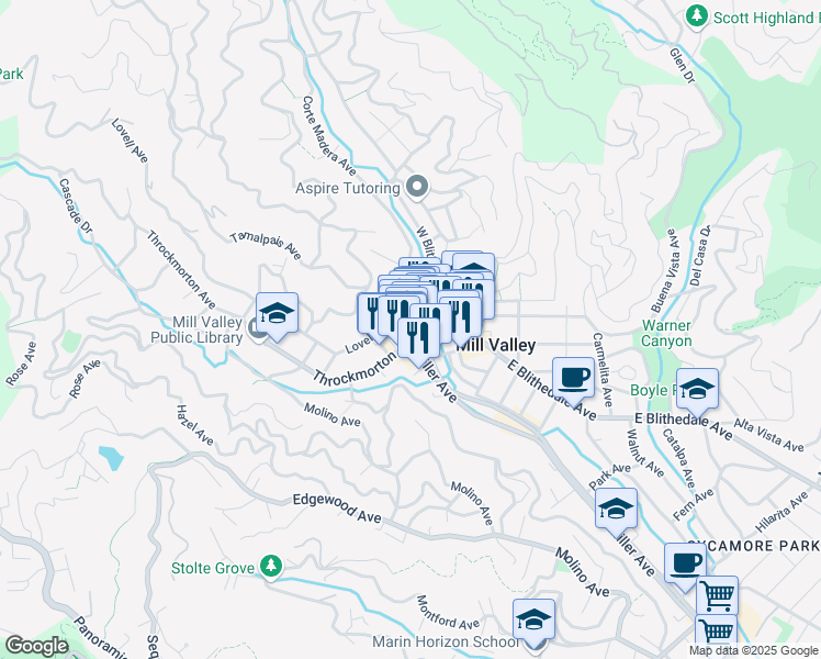 map of restaurants, bars, coffee shops, grocery stores, and more near 100 Throckmorton Avenue in Mill Valley