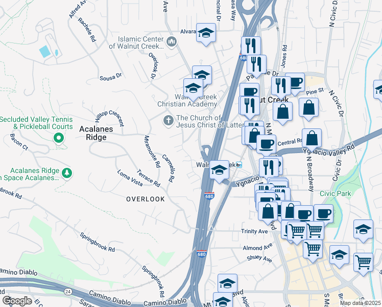 map of restaurants, bars, coffee shops, grocery stores, and more near 2232 Overlook Drive in Walnut Creek