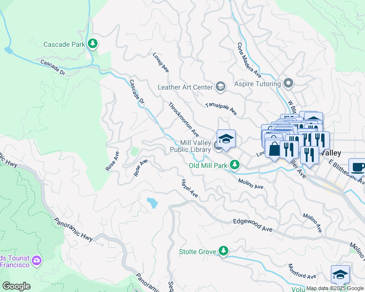 map of restaurants, bars, coffee shops, grocery stores, and more near 151 Cascade Drive in Mill Valley