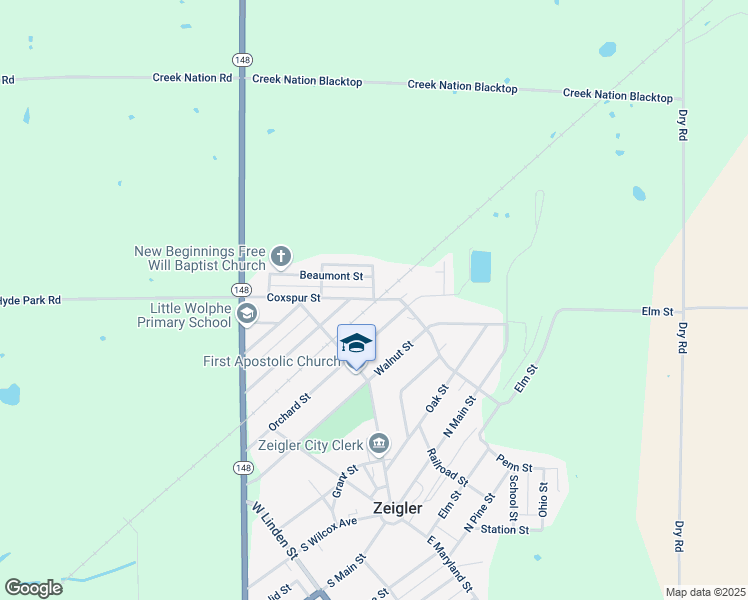 map of restaurants, bars, coffee shops, grocery stores, and more near Coxspur Street in Zeigler
