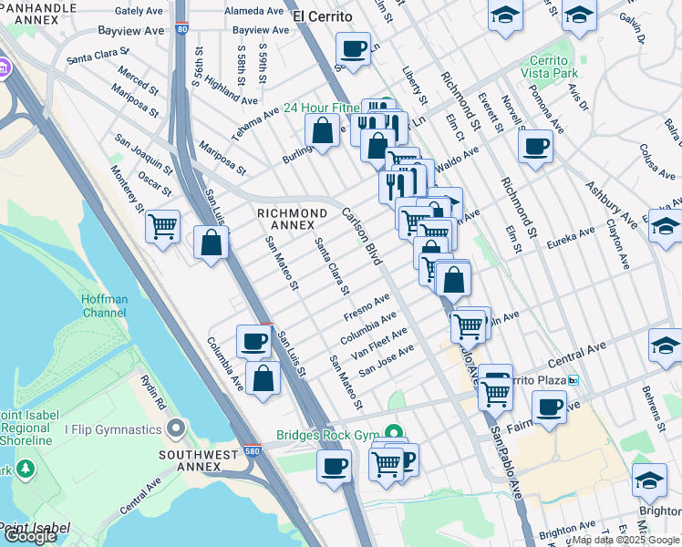 map of restaurants, bars, coffee shops, grocery stores, and more near 5801 Panama Avenue in Richmond