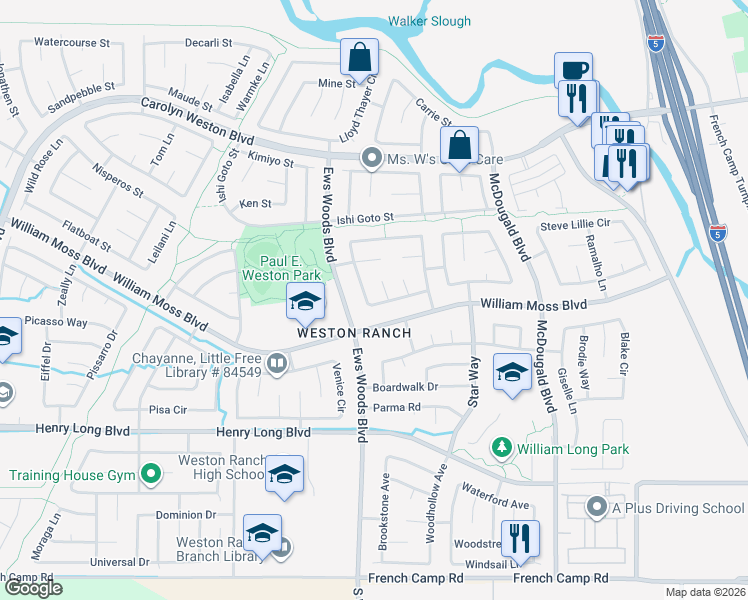 map of restaurants, bars, coffee shops, grocery stores, and more near 1116 Klemeyer Circle in Stockton