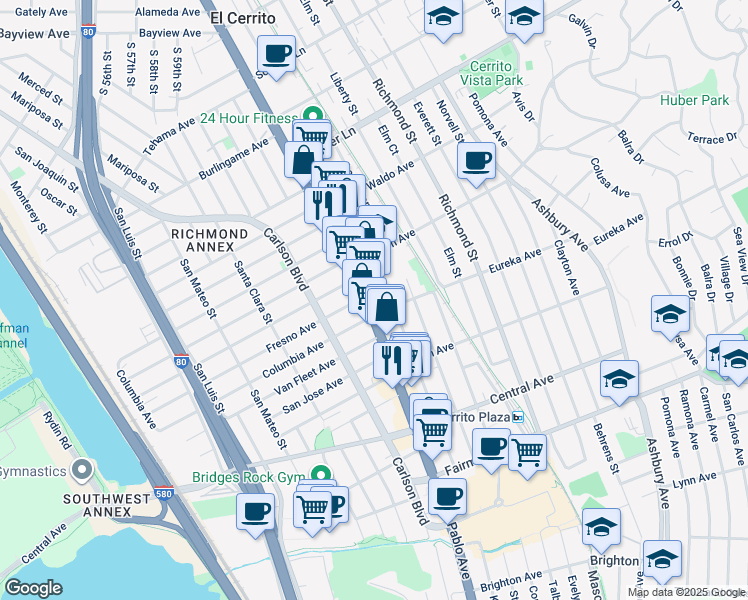 map of restaurants, bars, coffee shops, grocery stores, and more near 10300 San Pablo Avenue in El Cerrito