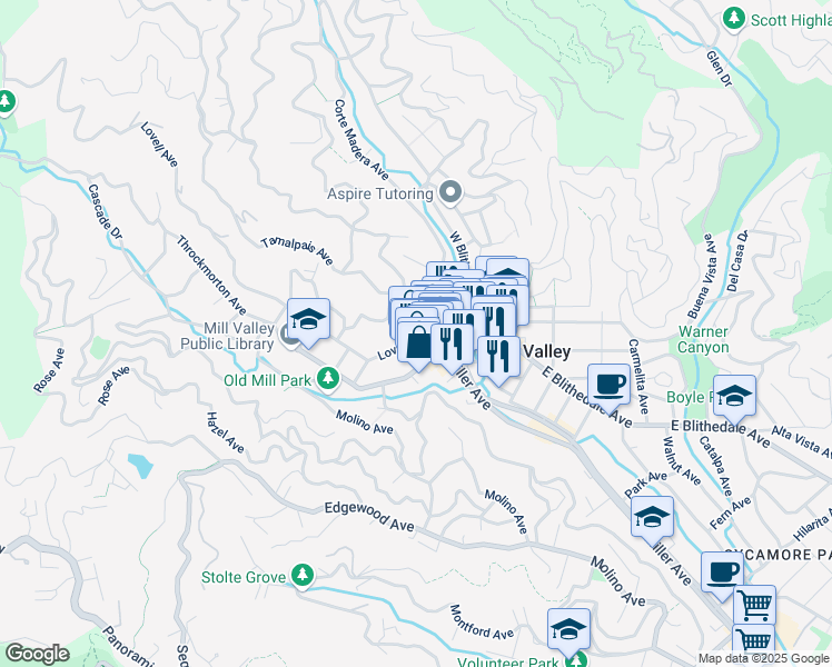 map of restaurants, bars, coffee shops, grocery stores, and more near 39 Lovell Avenue in Mill Valley