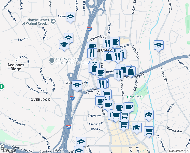map of restaurants, bars, coffee shops, grocery stores, and more near 1990 North California Boulevard in Walnut Creek