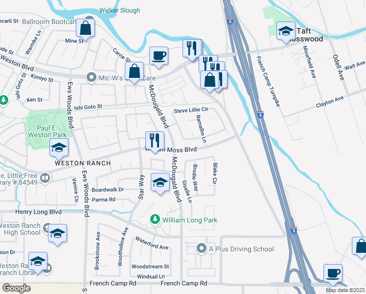 map of restaurants, bars, coffee shops, grocery stores, and more near 749 William Moss Boulevard in Stockton