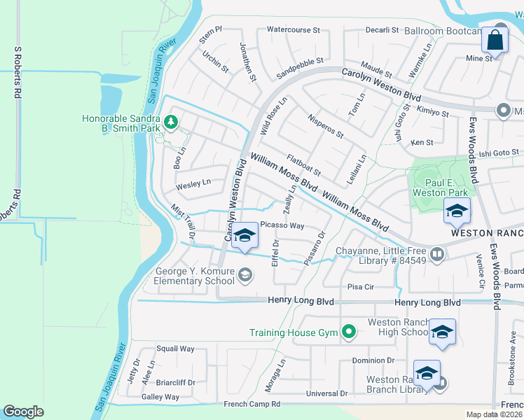 map of restaurants, bars, coffee shops, grocery stores, and more near 4151 Degas Court in Stockton