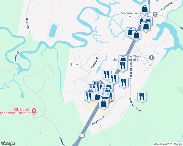 map of restaurants, bars, coffee shops, grocery stores, and more near 1319 Hoskins Drive in Tappahannock