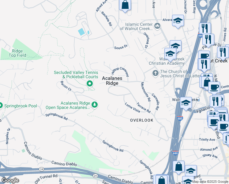 map of restaurants, bars, coffee shops, grocery stores, and more near 131 Montecito Crescent in Walnut Creek