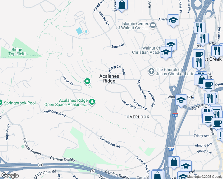 map of restaurants, bars, coffee shops, grocery stores, and more near 131 Montecito Crescent in Walnut Creek