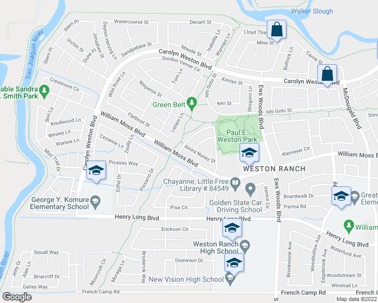 map of restaurants, bars, coffee shops, grocery stores, and more near 1720 Alcira Nunez Street in Stockton