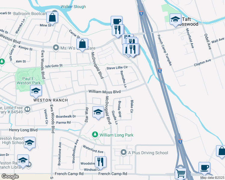 map of restaurants, bars, coffee shops, grocery stores, and more near 749 William Moss Boulevard in Stockton