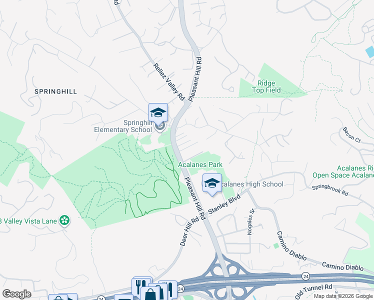 map of restaurants, bars, coffee shops, grocery stores, and more near 3275 Hillview Lane in Lafayette