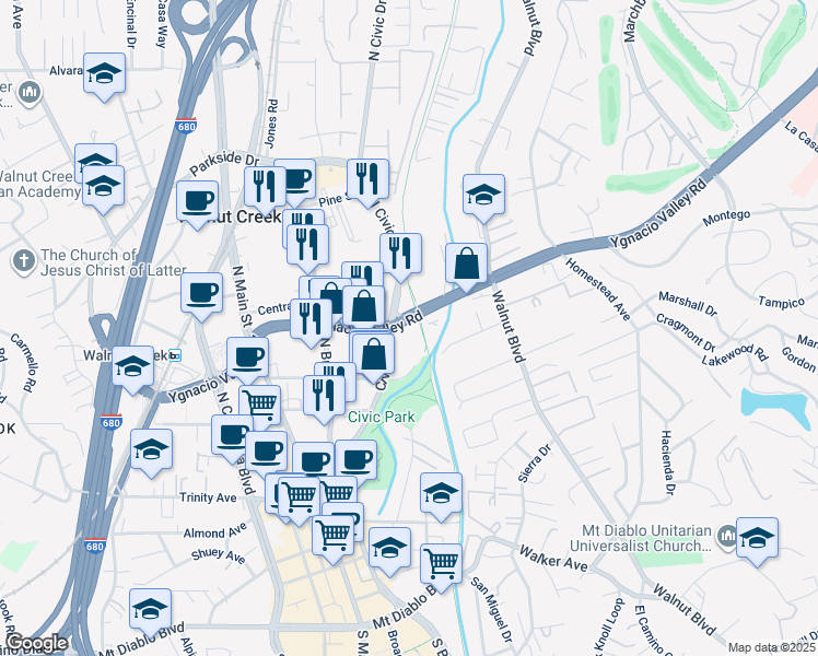 map of restaurants, bars, coffee shops, grocery stores, and more near 1101 Civic Drive in Walnut Creek