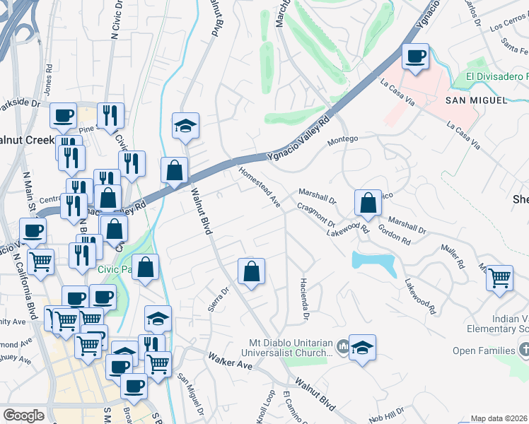 map of restaurants, bars, coffee shops, grocery stores, and more near 1075 Melissa Court in Walnut Creek