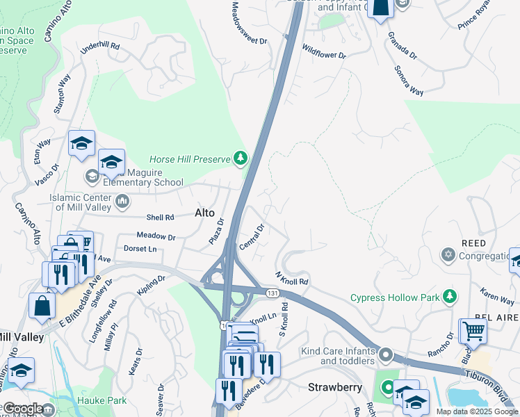 map of restaurants, bars, coffee shops, grocery stores, and more near 7 Thomas Drive in Mill Valley
