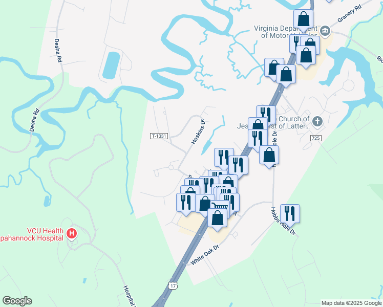 map of restaurants, bars, coffee shops, grocery stores, and more near 1319 Hoskins Drive in Tappahannock