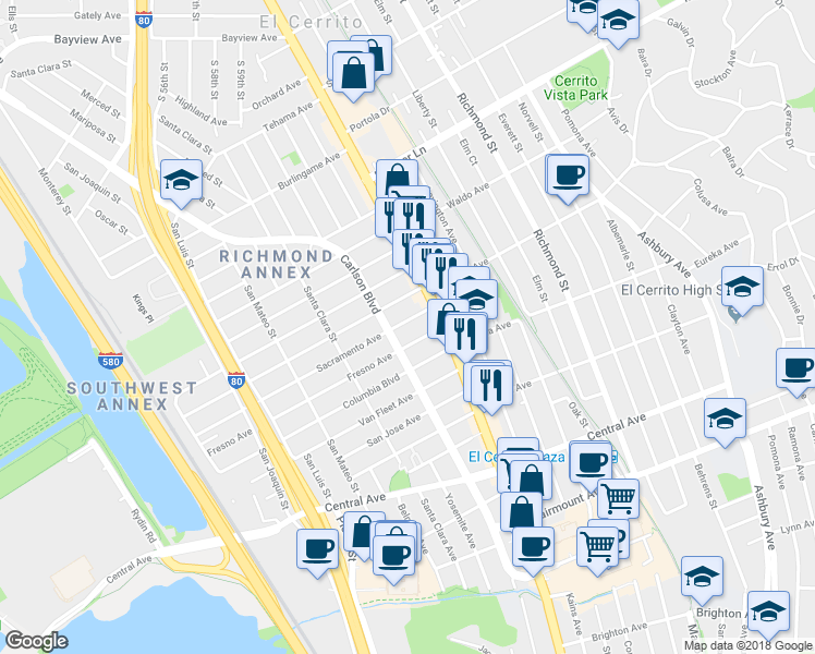 map of restaurants, bars, coffee shops, grocery stores, and more near 6110 Sacramento Avenue in Richmond