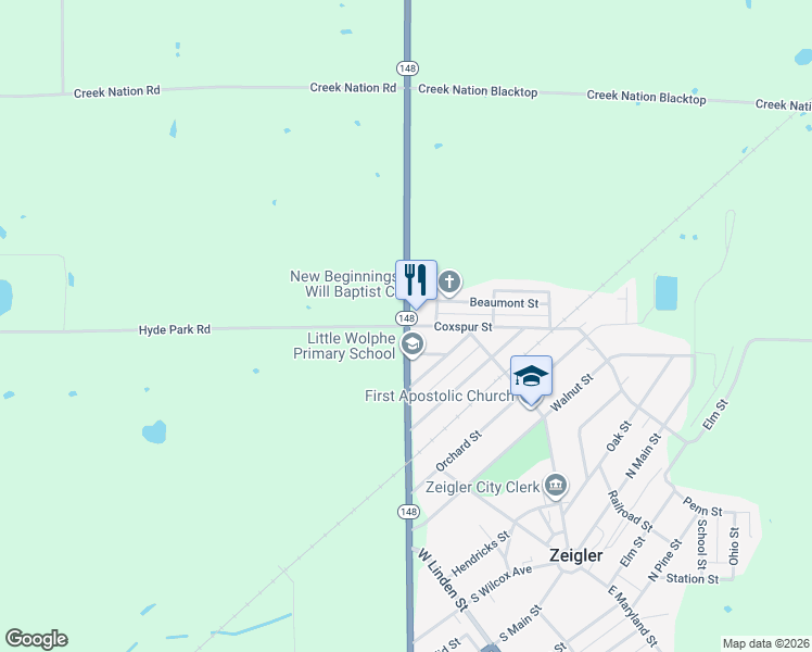 map of restaurants, bars, coffee shops, grocery stores, and more near 899 Coxspur St in Zeigler