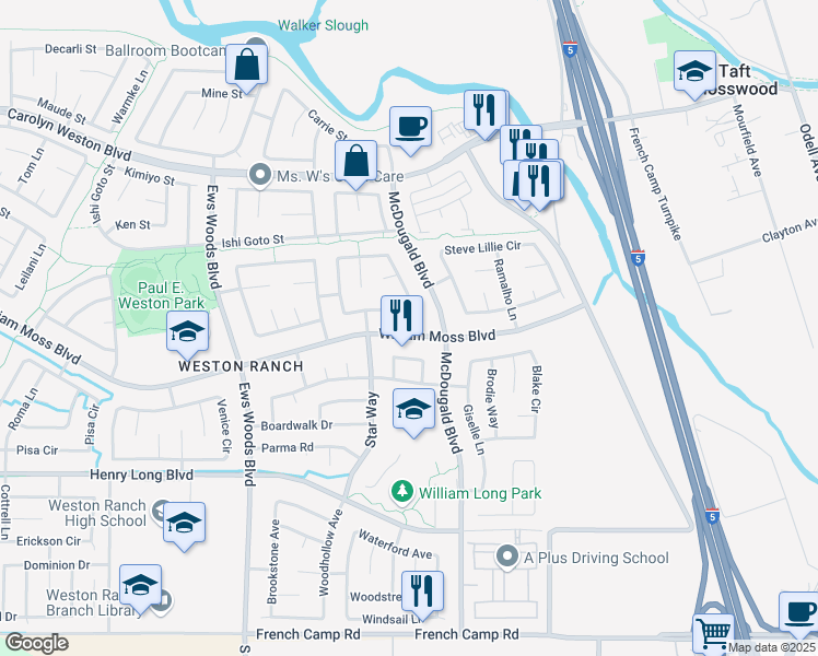 map of restaurants, bars, coffee shops, grocery stores, and more near 835 William Moss Boulevard in Stockton