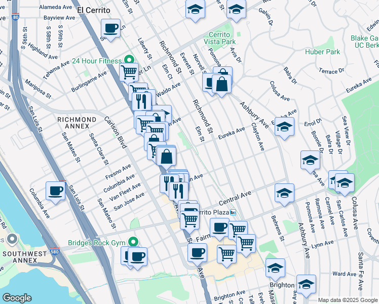 map of restaurants, bars, coffee shops, grocery stores, and more near 6530 Eureka Avenue in El Cerrito