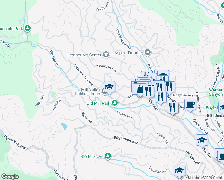 map of restaurants, bars, coffee shops, grocery stores, and more near 27 Lovell Avenue in Mill Valley