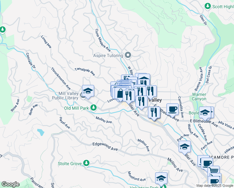 map of restaurants, bars, coffee shops, grocery stores, and more near 52 Lovell Avenue in Mill Valley