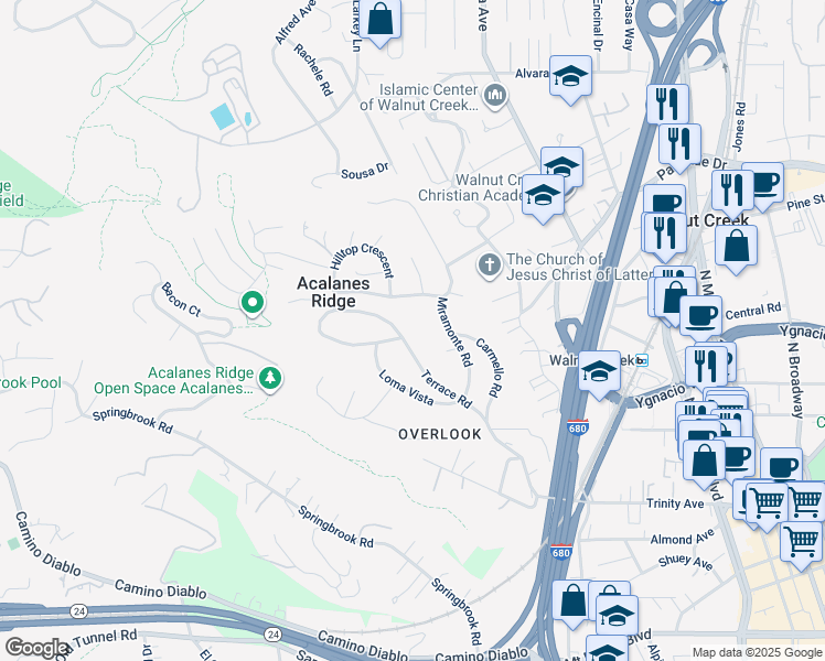map of restaurants, bars, coffee shops, grocery stores, and more near 76 Terrace Road in Walnut Creek
