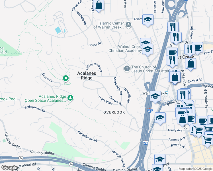 map of restaurants, bars, coffee shops, grocery stores, and more near 76 Terrace Road in Walnut Creek