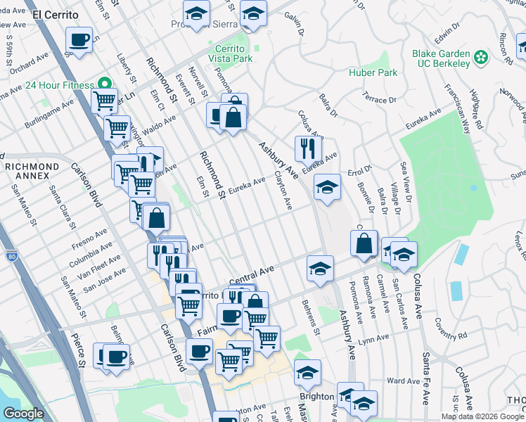 map of restaurants, bars, coffee shops, grocery stores, and more near 604 Norvell Street in El Cerrito