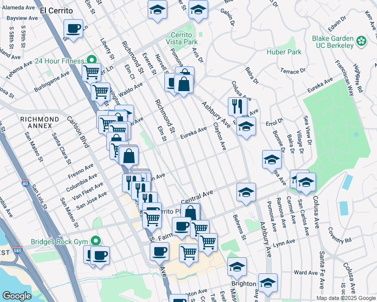 map of restaurants, bars, coffee shops, grocery stores, and more near 619 Everett Street in El Cerrito