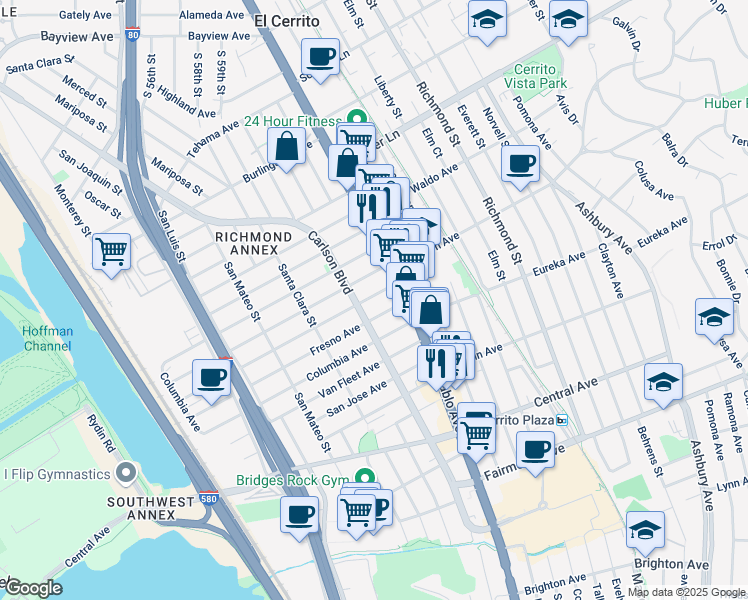 map of restaurants, bars, coffee shops, grocery stores, and more near 6110 Sacramento Avenue in Richmond