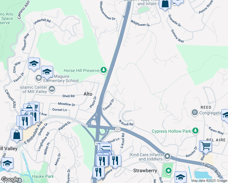 map of restaurants, bars, coffee shops, grocery stores, and more near 7 Thomas Drive in Mill Valley