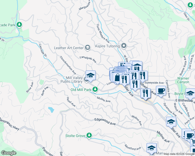 map of restaurants, bars, coffee shops, grocery stores, and more near 27 Lovell Avenue in Mill Valley