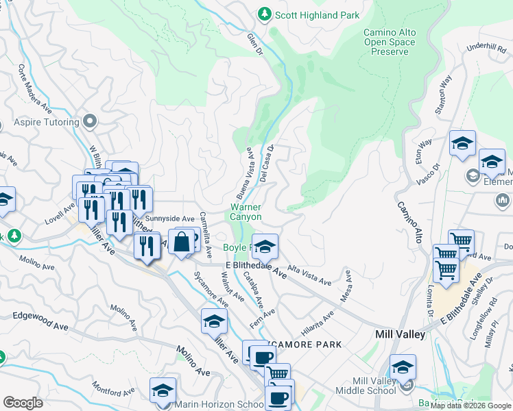 map of restaurants, bars, coffee shops, grocery stores, and more near 12 Del Casa Drive in Mill Valley