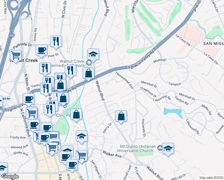 map of restaurants, bars, coffee shops, grocery stores, and more near 2570 Walnut Boulevard in Walnut Creek