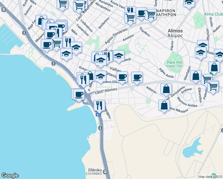 map of restaurants, bars, coffee shops, grocery stores, and more near 15 Leoforos Alimou in Alimos